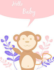Baby cards for Baby shower. Monkey. Postcard or party templates in blue and pink with charming animals.