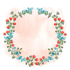 Watercolor round frame with wild berries. Wedding invitation.