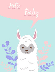 Baby cards for Baby shower. Alpaca. Postcard or party templates in blue and pink with charming animals.