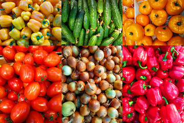 Set of photographs of vegetables: red tomatoes, cucumbers, onions, orange tomatoes and yellow bell peppers.