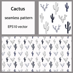 Cactus seamless pattern and rectangular background. Outline and grey hand-drawn scandinavian cacti for banners, scrapbooking paper, packaging. Stock vector illustration isolated on transparent.