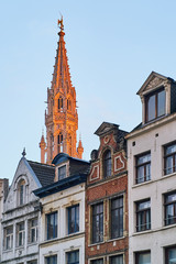 Fototapeta na wymiar Brussels Town Hall tower capped in evening light.