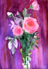 watercolor drawing bouquet of pink roses on a lilac background