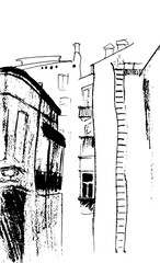Authentic old Odessa yard. Ink architectural sketch.