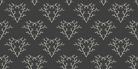 Seamless pattern made of tree branches hearts. Monochrome, minimalistic, sad valentine day pattern