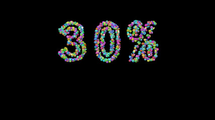 30%  written in 3D illustration by colorful small objects casting shadow on a black background