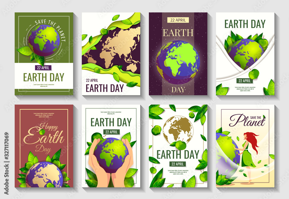 Wall mural Set of 8 cards for Earth Day, World Environment Day with globe and fresh green leaves. Ecology, environment safety concept. - Wall murals