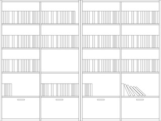 2D black and white CAD drawing of the bookshelf from the front elevation view.