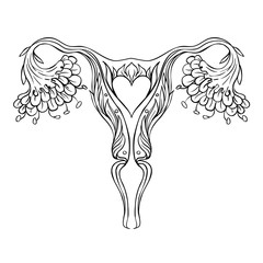 Decorative drawing of female reproductive system with flowers. Hand drawn uterus, womb. Girl power, feminism, female nature. Vector illustration isolated on white.