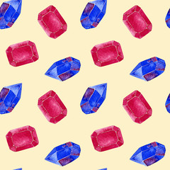 Seamless watercolor pattern crystals ruby and sapphire on beige background