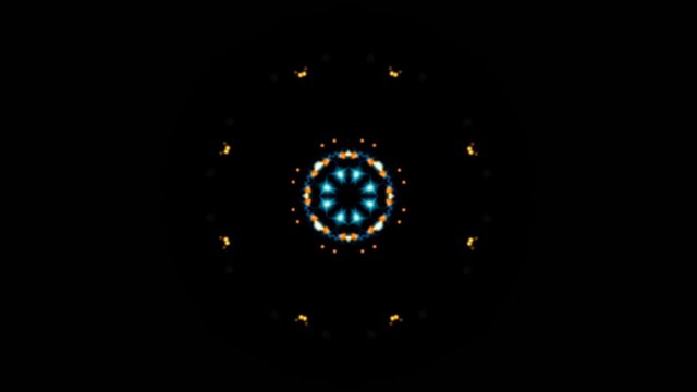 motion mandala. 4k luminous particles move in liquid flow form kaledoscopic structures Abstract particles background.