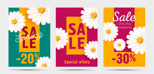Fototapeta premium Set of Spring sale posters or web banners with chamomile white flower blossom illustration. Colourful design template