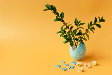 Colored eggs with spring green grass and flowering tree branch on an orange background. Easter holiday, family traditions