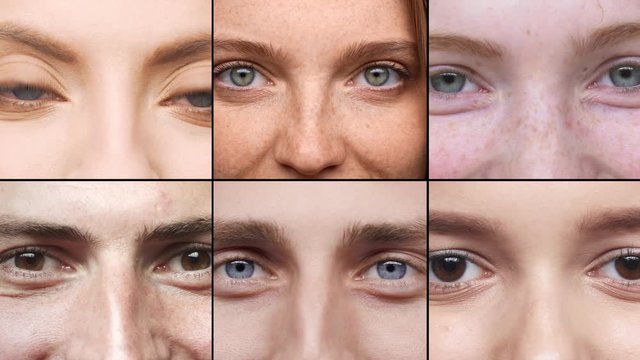 Multiscreen diverse collage of men and women eyes close-up, smiling at camera, looking you. Caucasian group of people, different eye color grinning with gaze, lifestyle and connection concept