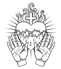 Female open hands around sacred heart of Jesus. Hope faith and help, assistance and support symbol. Black and white vector illustration in vintage style isolated on white