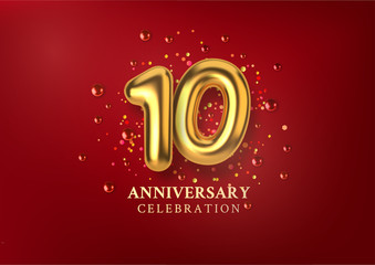 10th Anniversary celebration. Number in the form of golden balloons. Realistic 3d gold numbers and sparkling confetti, glitters. Horizontal template for Birthday or wedding event. Vector illustration