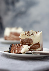 A piece of homemade raw chocolate cheesecake with bite on a fork. Vertical orientation, copy space