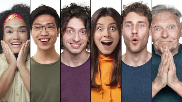 Multiscreen diverse collage of people express surprise and wonder. Men and women different generations and races, multiethnic group saying wow receive great news, gasping in awe
