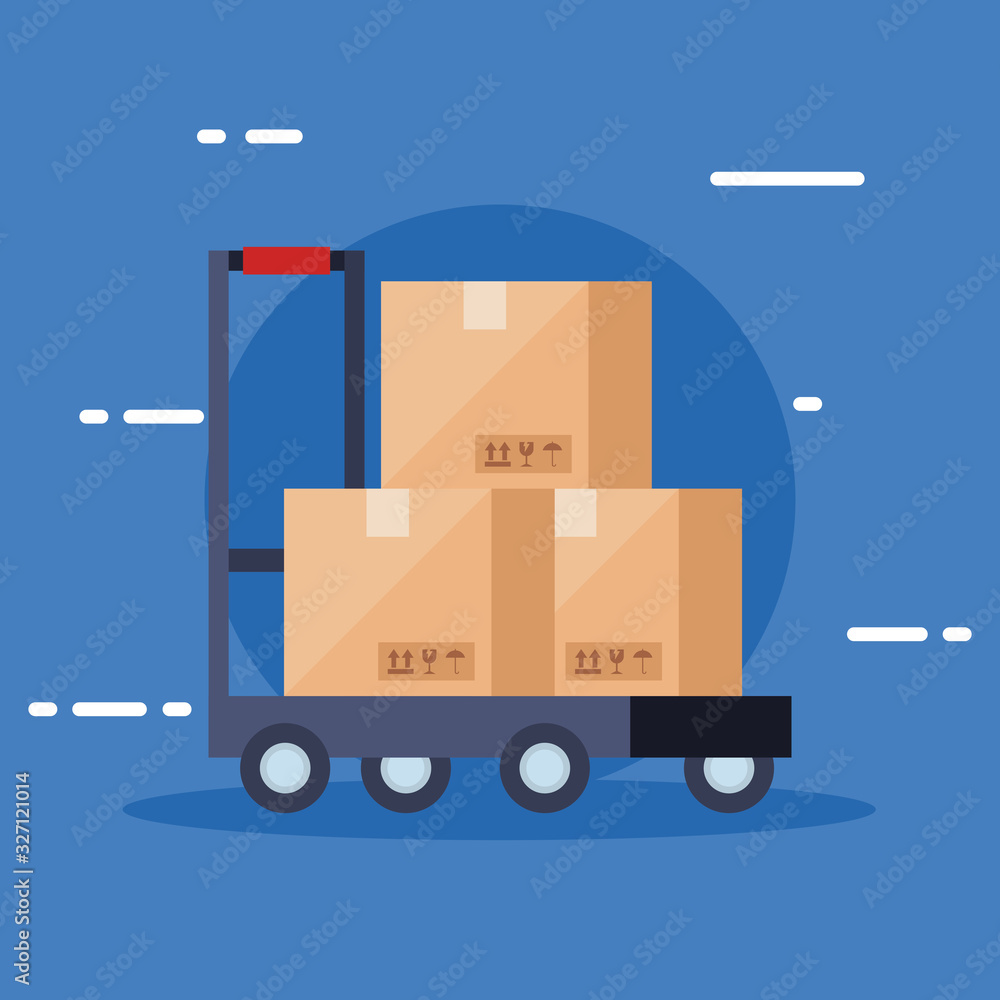 Poster delivery logistic service and wheelbarrow with boxes vector illustration design