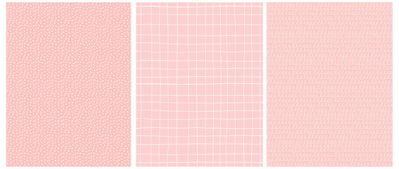 Set of 3 Hand Drawn Irregular Geometric Vector Patterns.White Horizontal Grid, Dots and Lines with Loops on a Light Pink Background. Cute Infantile Style Illustration. Children's Scrawl Style Prints. 