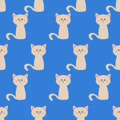 Muurstickers Speelgoed Naadloze patroon schattige kat met blauwe achtergrond voor stoffenprint