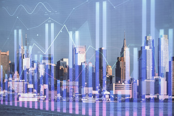 Obraz na płótnie Canvas Forex graph on city view with skyscrapers background double exposure. Financial analysis concept.