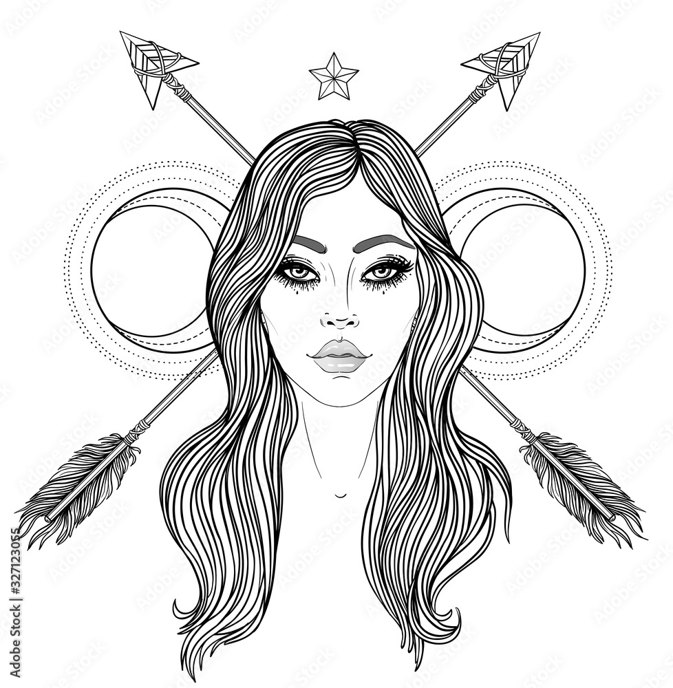 Sticker magic night fairy with a moon. hand drawn portrait of a beautiful shaman woman. alchemy, religion, s