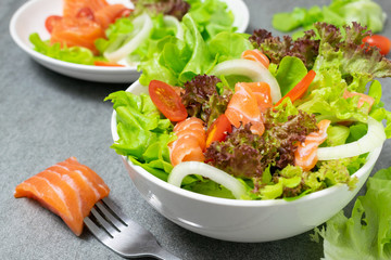 Salmon salad with green oak,onion and tomato on concrete table.
