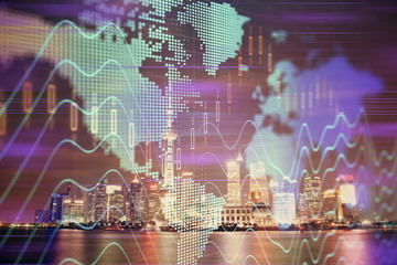 Financial graph on night city scape with tall buildings background multi exposure. Analysis concept.