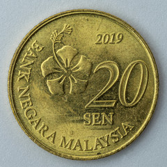 2019 Malaysia coin 20 sen isolated on white background front view © Lee