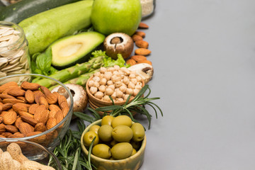 Set of balanced vegetable products for healthy diet. Healthy lifestyle concept