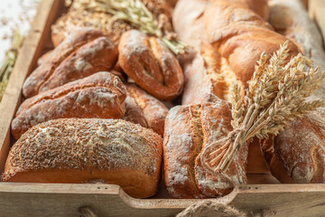 Tasty baguettes and buns with ears and grains