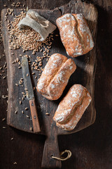 Top view of homemade rolls with grains of wheat