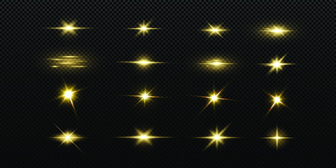 Shining golden stars isolated on black background. Effects, lens flare, shine, explosion,  light, set. Light star gold png. Light sun gold png. Light flash gold png. vector illustrator. Powder PNG
