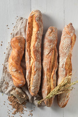 Crunchy french baguettes with grains and ears of wheat