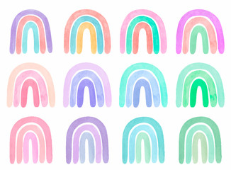Set of vector watercolor neutral calm rainbows, in blue, red, yellow, pink colors.	