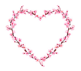 Watercolor vector floral sakura heart shaped frame. Spring cherry blossom wreath, isolated on white. © Катерина Бородіна