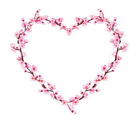 Watercolor vector floral sakura heart shaped frame. Spring cherry blossom wreath, isolated on white.