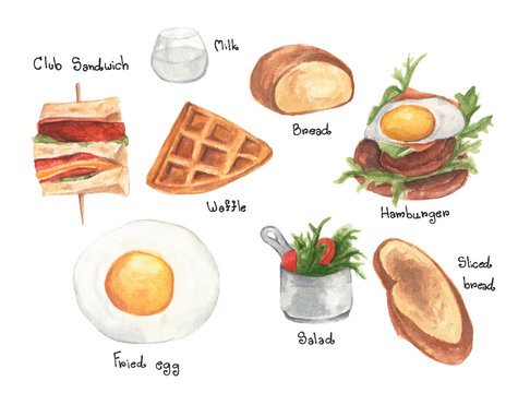 Watercolor painted collection of Different types of morning breakfast sets. Hand drawn food design elements isolated on white background.