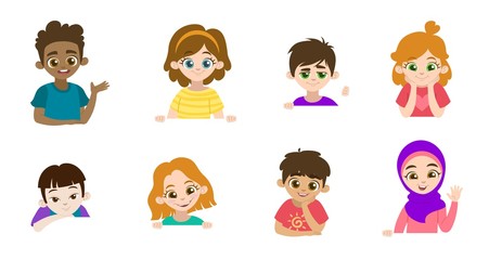 Cartoon set of little children portraits. Children of different nationalities and different gestures. Vector illustration. Place for text. Isolated on a white background for banners.