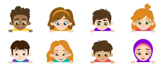 Cartoon set of little children portraits. Children of different nationalities and different gestures look down. Vector illustration. Place for text. Isolated on a white background for banners.