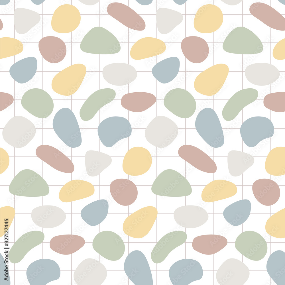 Poster trendy seamless pattern with abstract shapes. hand drawn various shapes on checkered backdrop. abstr