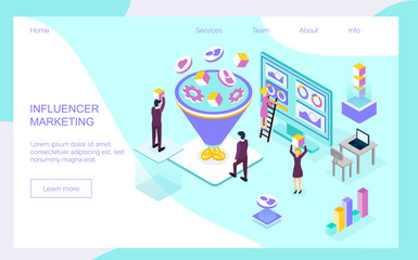 Fototapeta na wymiar Influencer marketing isometric concept vector for landing page. Impact on B2C customers, potential buyers or consumer products in online market, Internet communication business