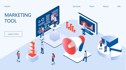 Marketing e-commerce, data analysis tool isometric vector for website. Digital business content, column charts on screen. E-mail marketing, product promoting, advertising campaign