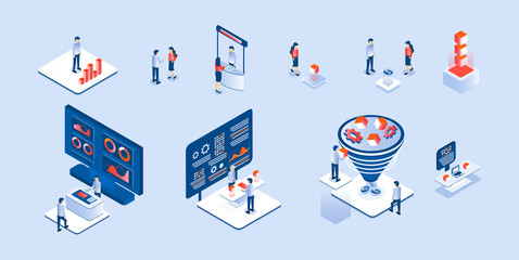Coworkers set vector. Collection of scene of freelancers, businessman for expo, forex, coworking office illustration. Internet communication business in isometric style.