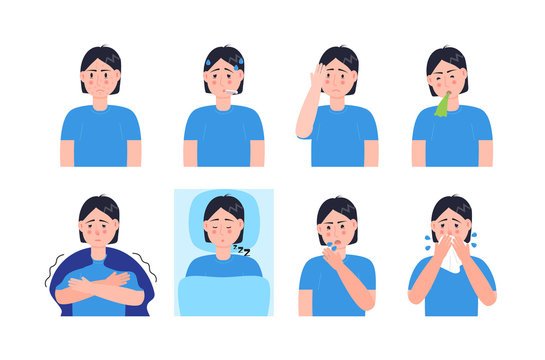 Sick Man Coughing, Sneezing. Set Character Vector Of Cold, Flu, Sore Throat, Measles. Illustrations Of Fever, Allergy, Headache, Vomiting Are Isolated On White Background