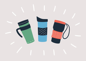 Reusable cups, thermo mug and tumblers with cover for take away hot coffee or tea. Hand drawn object isolated on light background. Vector illustration