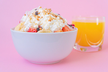 Brunch-style fruit salad with Homemade Cottage Cheese and orange juice