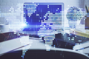 Multi exposure of business theme icons and work space with computer background. Concept of success.