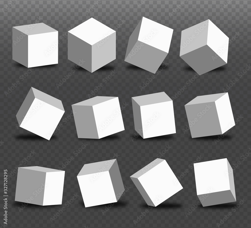 Poster white blocks set. 3d modeling white cubes, boxes with a perspective and different angle. vector illu